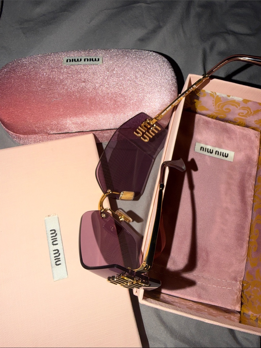 Miu Miu Purple Rimless Shield Sunglasses with Gold Logo Accent - Picture 5 of 7